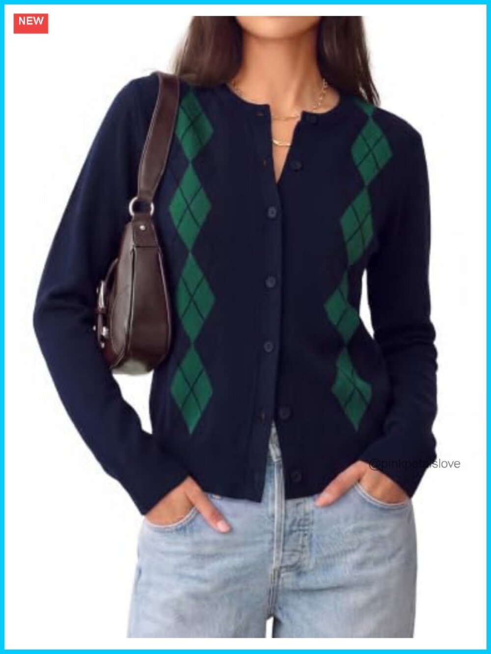 GRACE KARIN Women's Argyle Cardigan Button Up Crewneck Sweater Cozy Fall